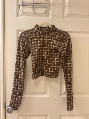 Lets Frans Brown Patterned Mock Neck Top Size S